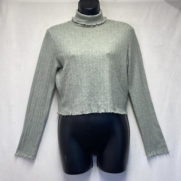 Madewell Ribbed Long Sleeve Ruffled Turtleneck Crop Top Women Medium Sage - Picture 1 of 16